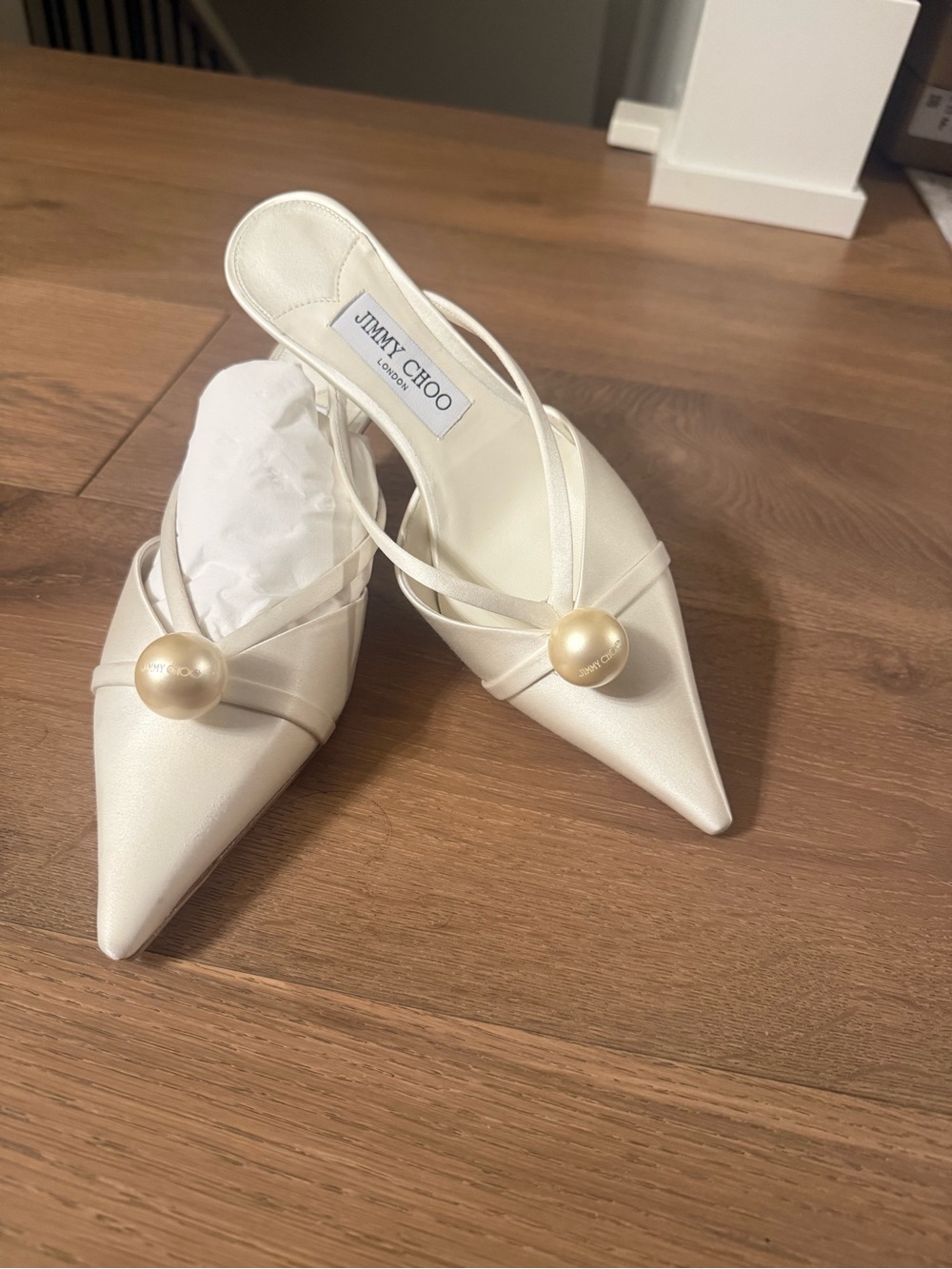 Jimmy Choo Ivory Pointed Pearl-Embellished Slingback Mules